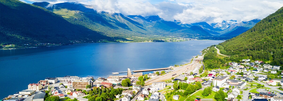 aerial view of the romsdalsfjorden fjord and the andalsnes town