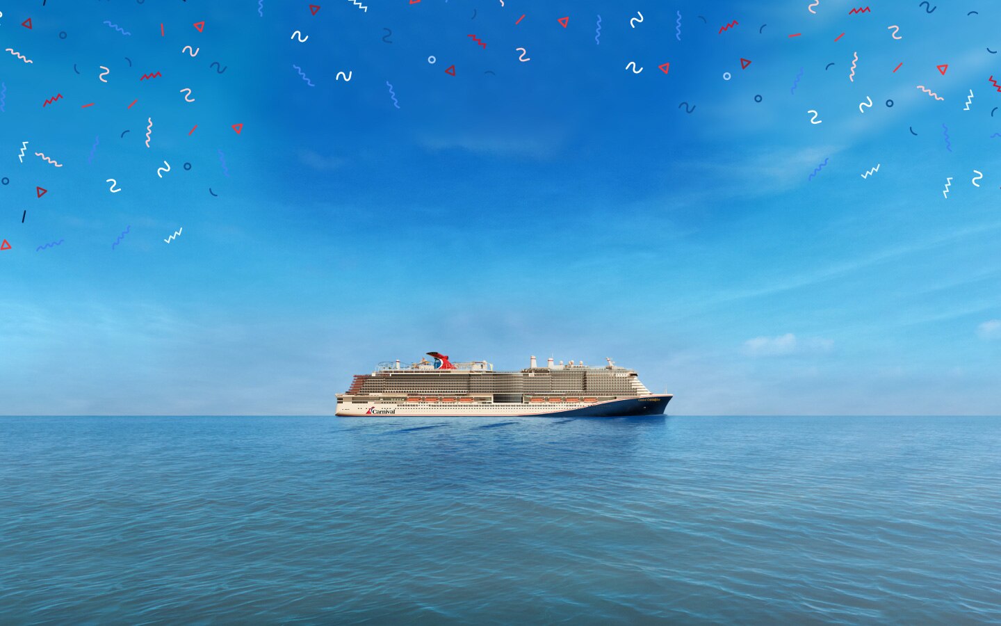 side profile of carnival celebration cruise ship at sea with carnival's 50th birthday stamp and festive graphics above