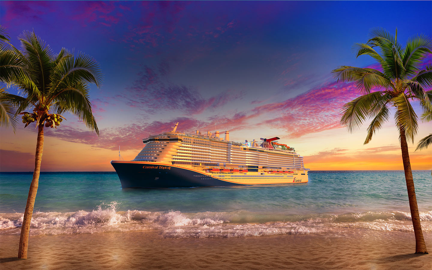 Carnival Tropicale sailing near a tropical beach framed by palm trees at sunset