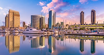 view of san diego skyline and marina