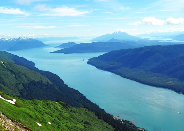 mountain top view of a scenic alaskan fjord
