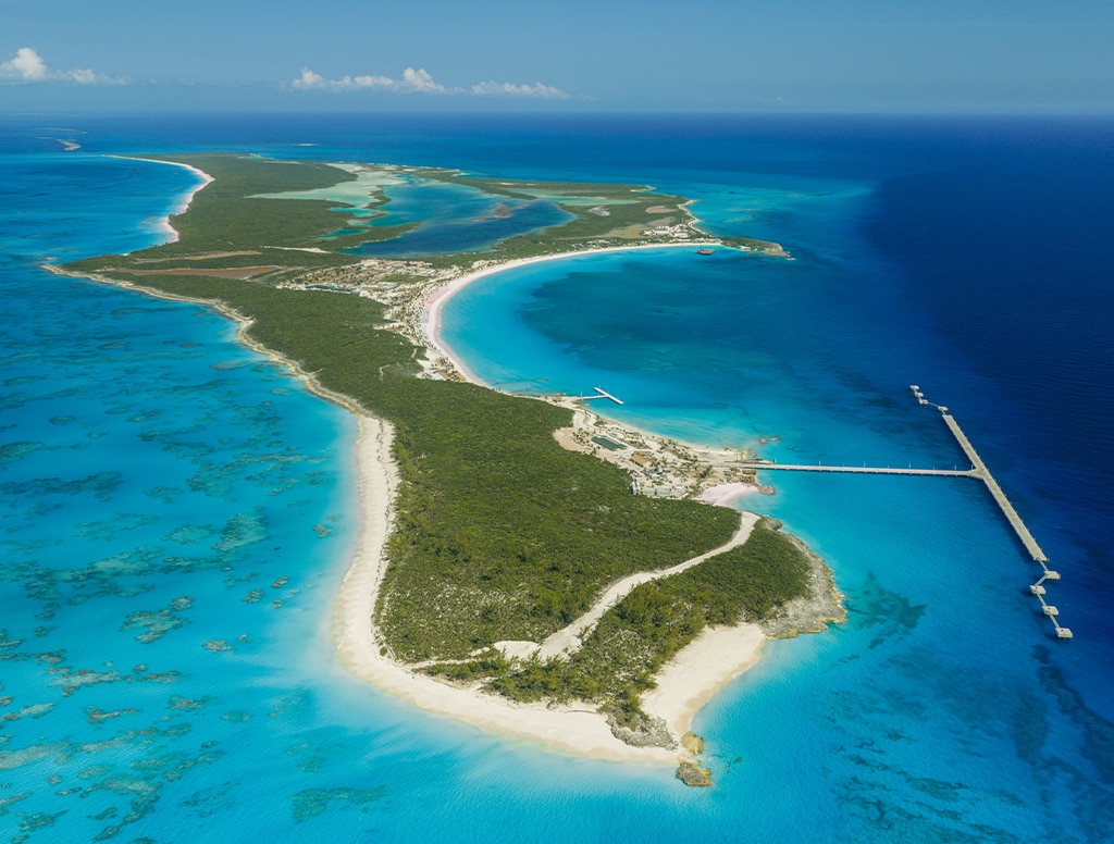 aerial view of half moon cay and beautiful turquoise waters