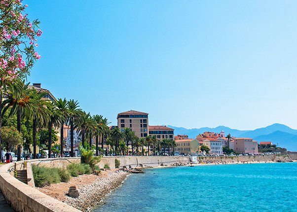 view of the coastline and boardwalk in ajaccio, corsica