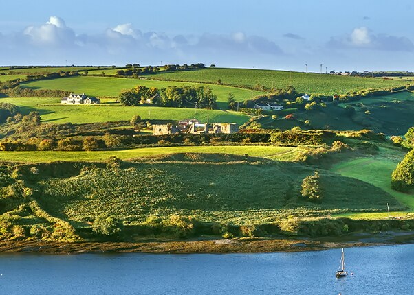view of green hill with water from Charles Fort, Ireland