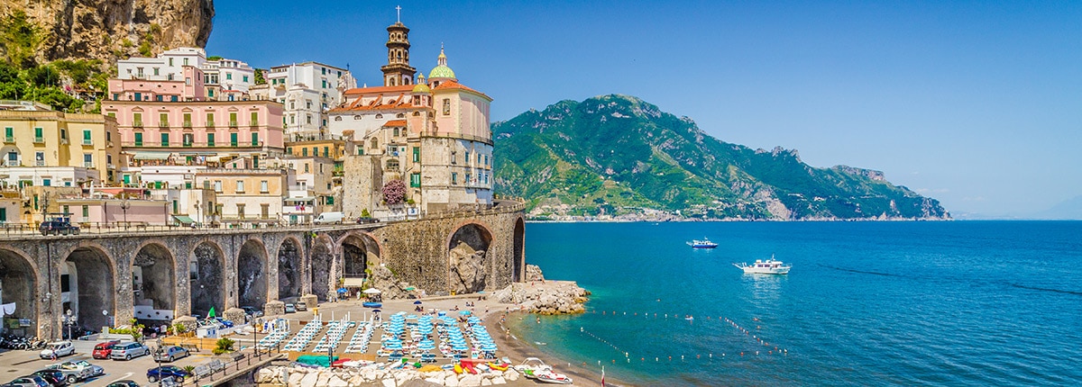 view of the Almafi Coast and beach in Italy