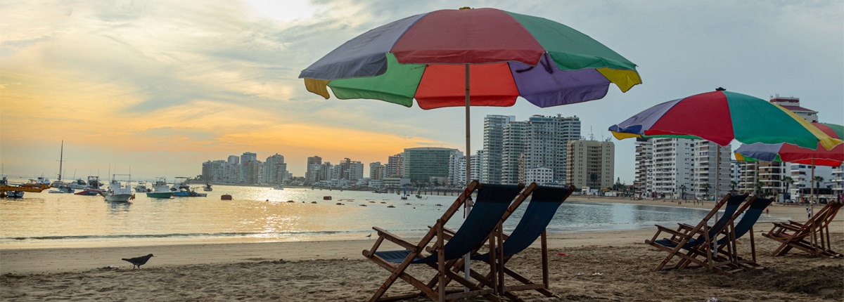 view of a beach with umbrellas and sun loungers 