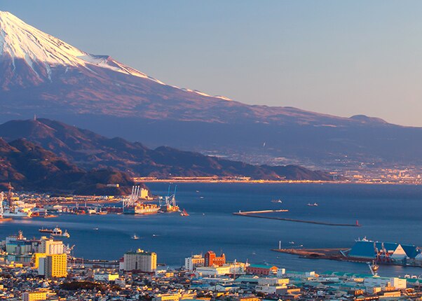 panoramic view of the city of shimizu and mt fiji