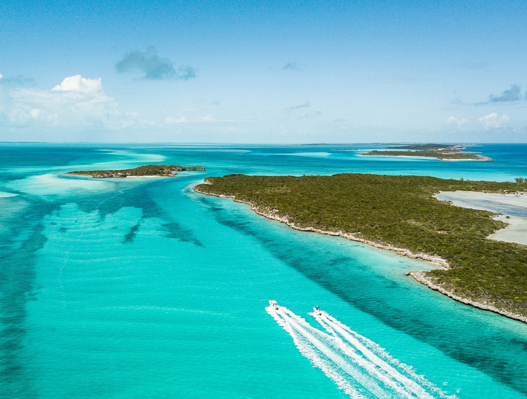 aeriel view of clear blue waters in the bahamas 