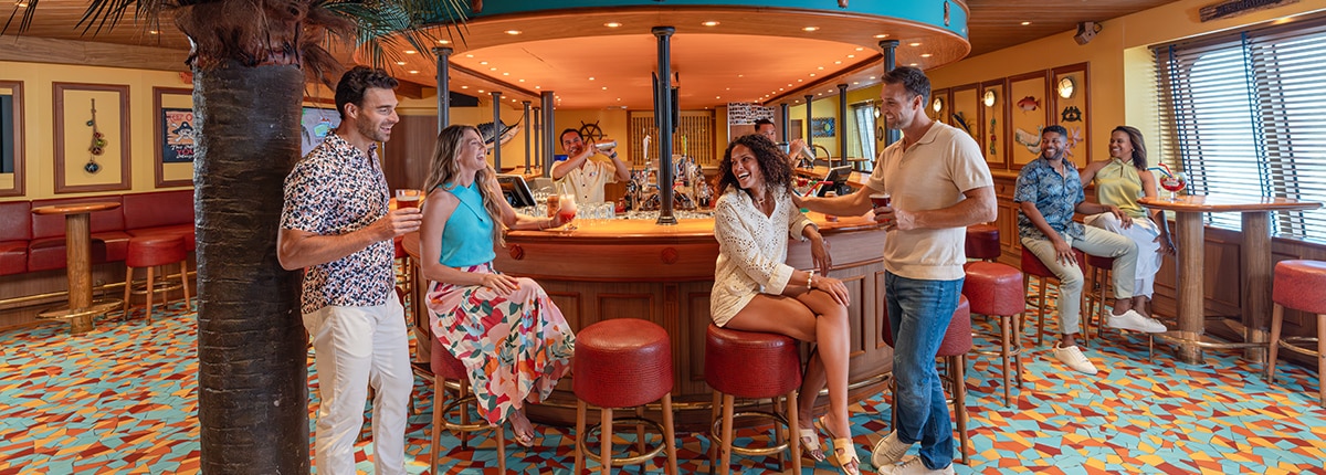 four friends spends time together in front of redfrog pub and brewery