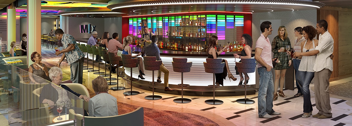 guests stand in a circle at the mix bar while chatting onboard carnival festivale