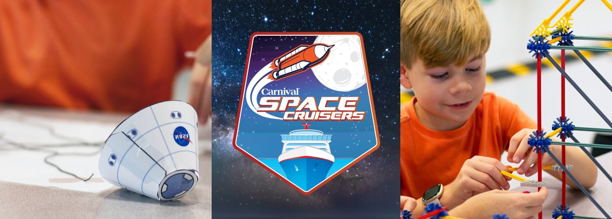 boy building a structure and creating model of a reentry capsule; carnival space cruisers logo