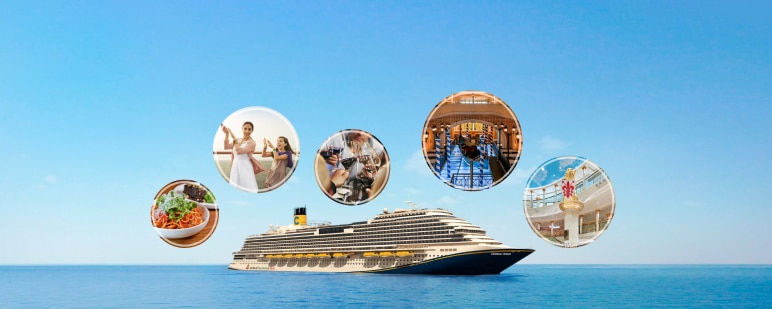 fun italian style cruise ship at sea surrounded by vignettes of italian-inspired onboard decor, food and wine