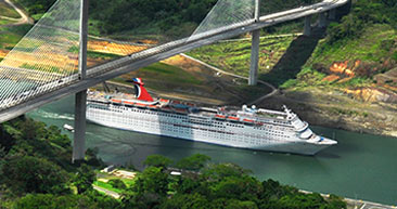 aerial view of carnival ship passing through panama canal