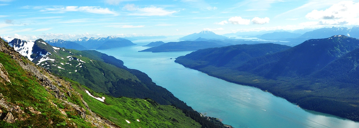 mountain top view of a scenic alaskan fjord