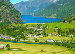 beautiful green valley and fjord of flaam, norway