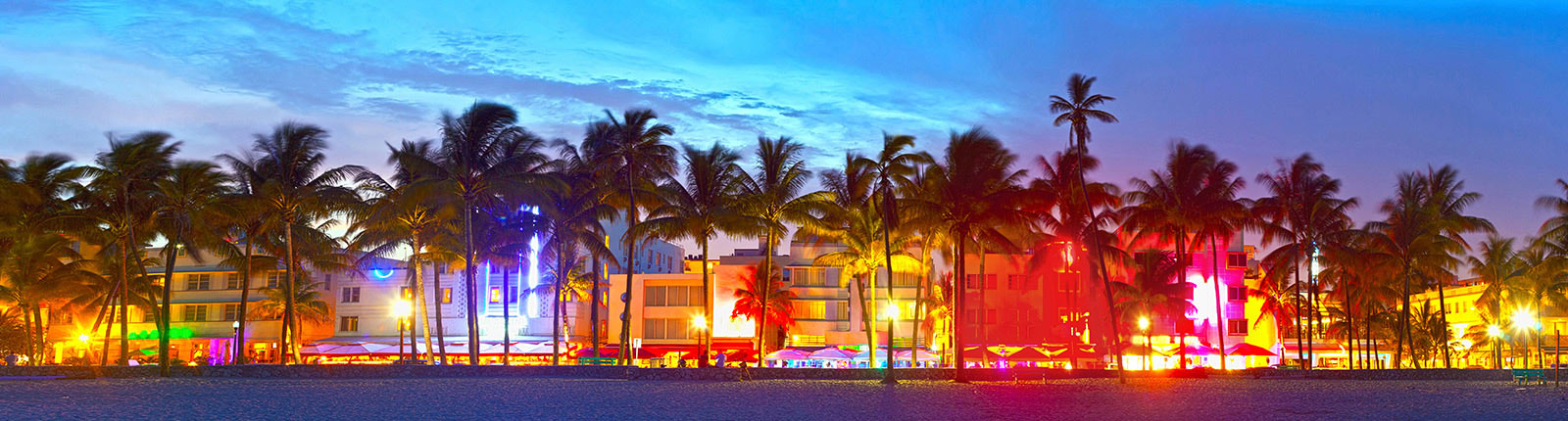 Iconic colorfully lit buildings and palm trees in Miami, FL
