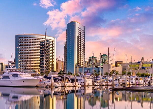 view of san diego skyline and marina