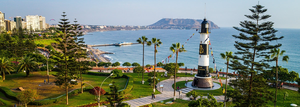 the lighthouse and coastal waters in the miraflores area of lima, peru