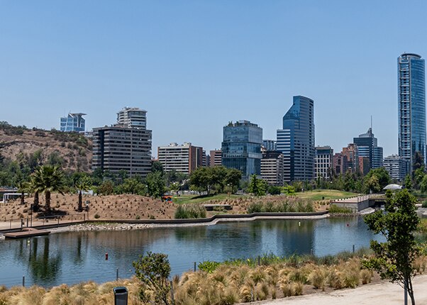 the cityscape and river at the bicentenario park in santiago, chile