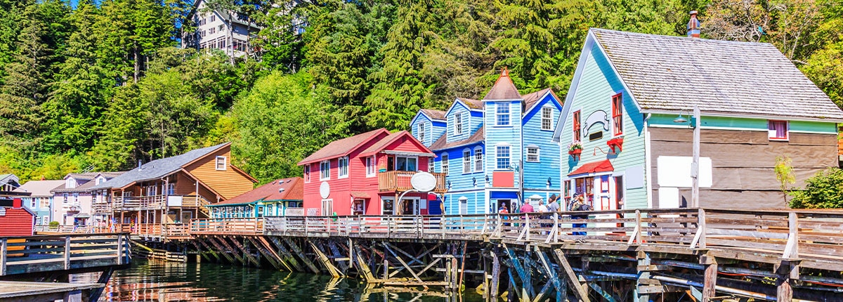 view of the ketchikan river and creek street storefronts in ketchikan, alaska