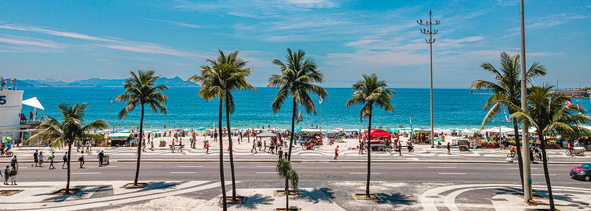 the blue tropical waters and waving palm trees in rio de janeiro, brazil