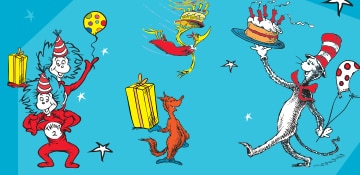 multiple seuss characters together with gifts and cakes