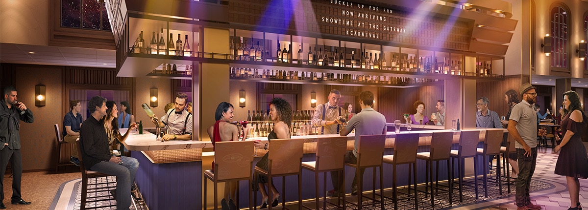 digital rendering of guests enjoying cocktails at the latitudes bar onboard carnival celebration