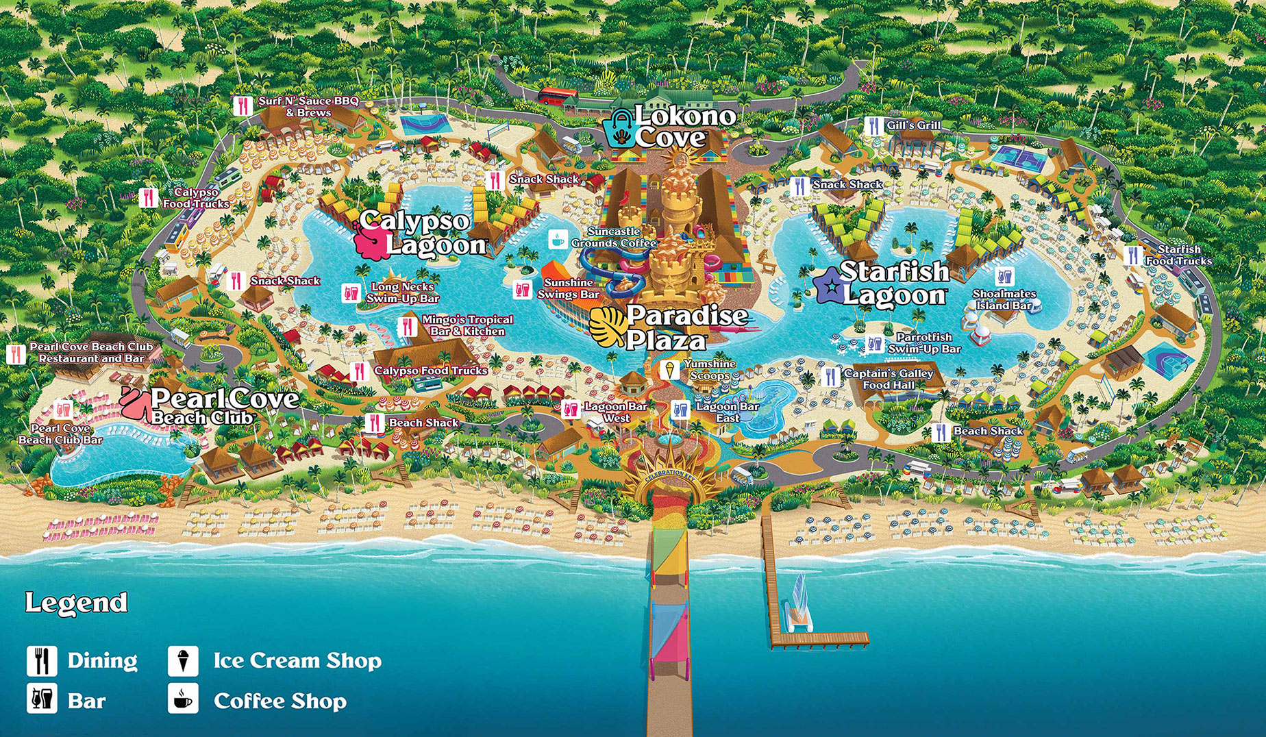 Map of Celebration Key with venues shown on different parts of the island.