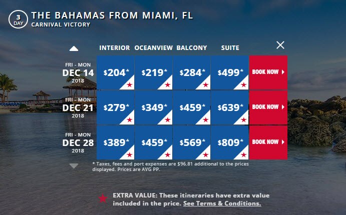 screen shot of carnival victory sailing options
