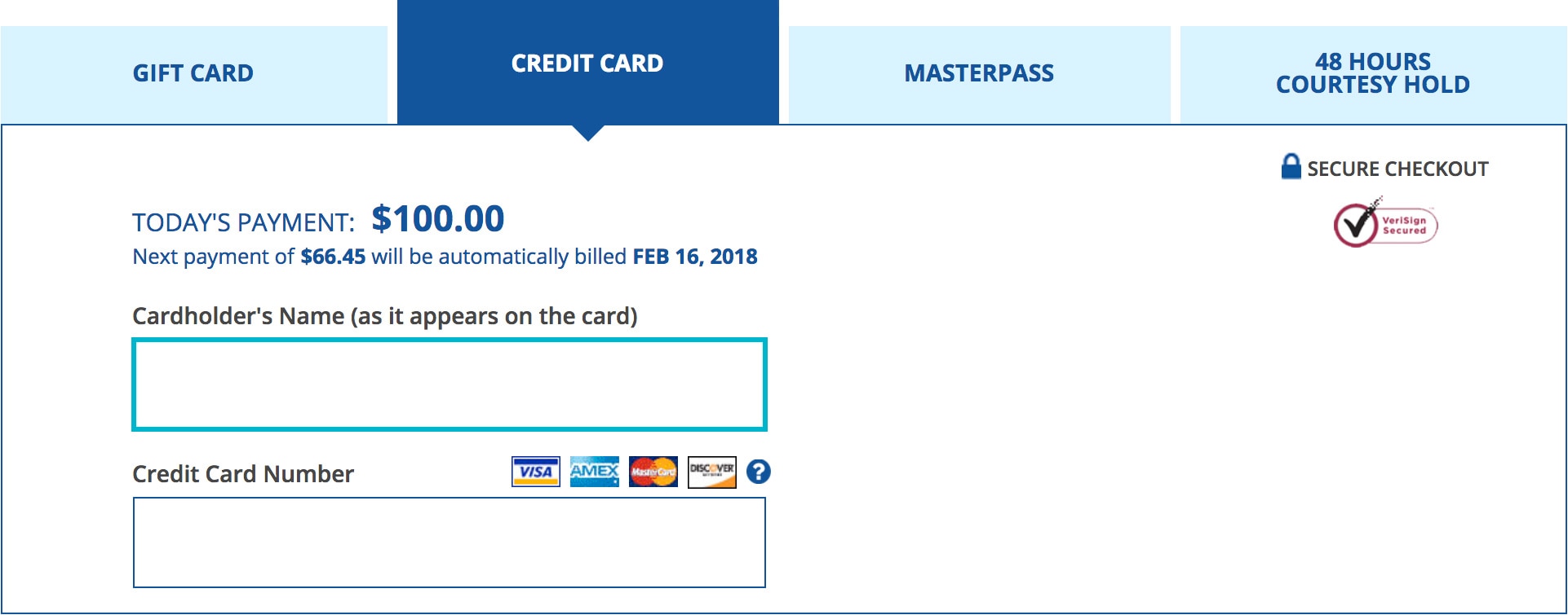 screen shot of credit card entry fields