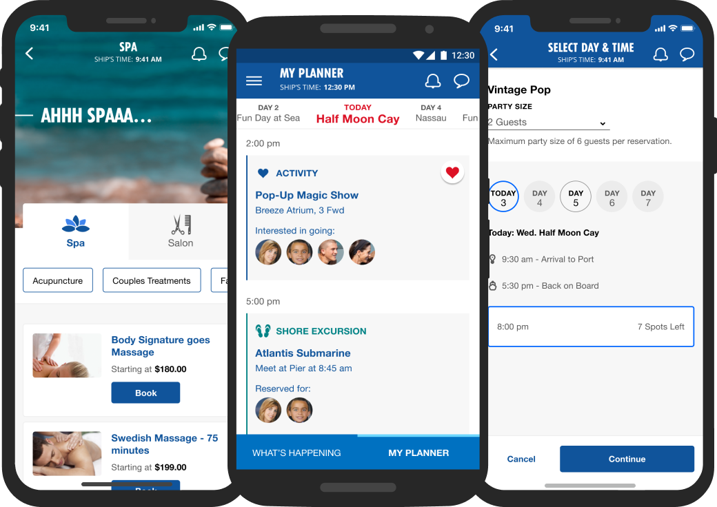 Three smartphones side by side each showing one of three Carnival HUB App screens: the Spa page, the My Planner page, and the Select Day and Time page from the Event Reservations feature.