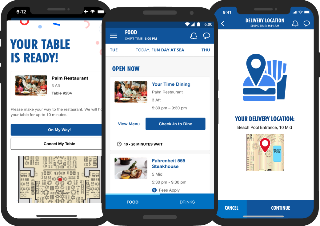 Three smartphones side by side each showing one of three Carnival HUB App screens: a notification pop-up announcing your table is ready, the Food page, and the Delivery Location Page from the Food Order feature.