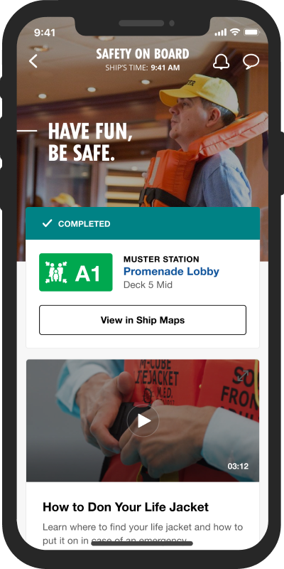 A smartphone showing a notification pop-up reminding you to complete the Mandatory Passenger Mustering.